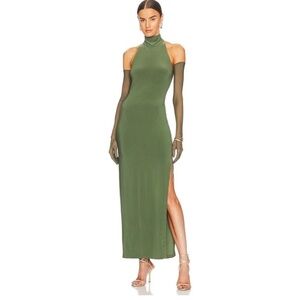 Norma Kamali Green High Neck Halter slit dress